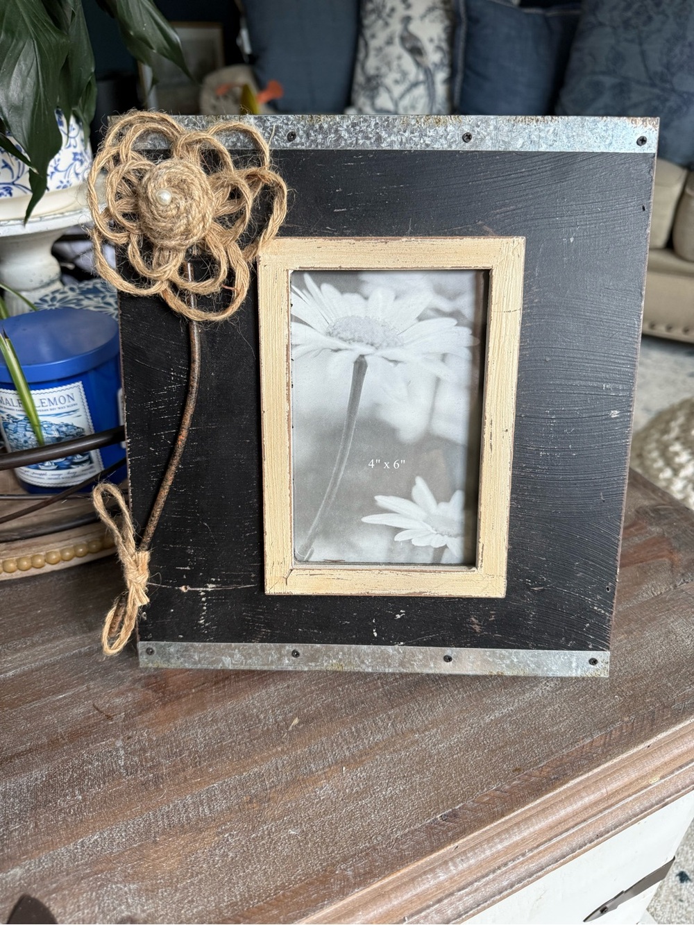 Hobby Lobby Black and Cream Wood Photo Frame with Jute Flower